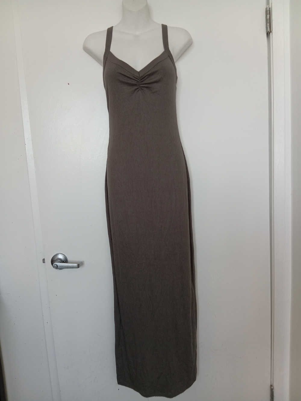 wild fable Olive-Brown Ribbed Maxi Dress with V-Neck